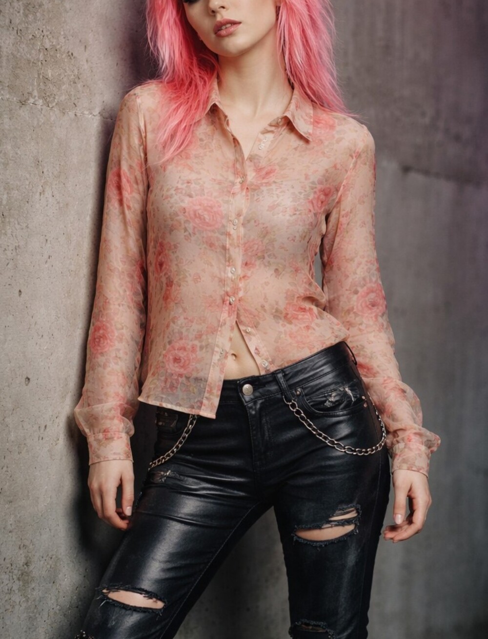 Sheer Floral Button-Down Shirt in Peach